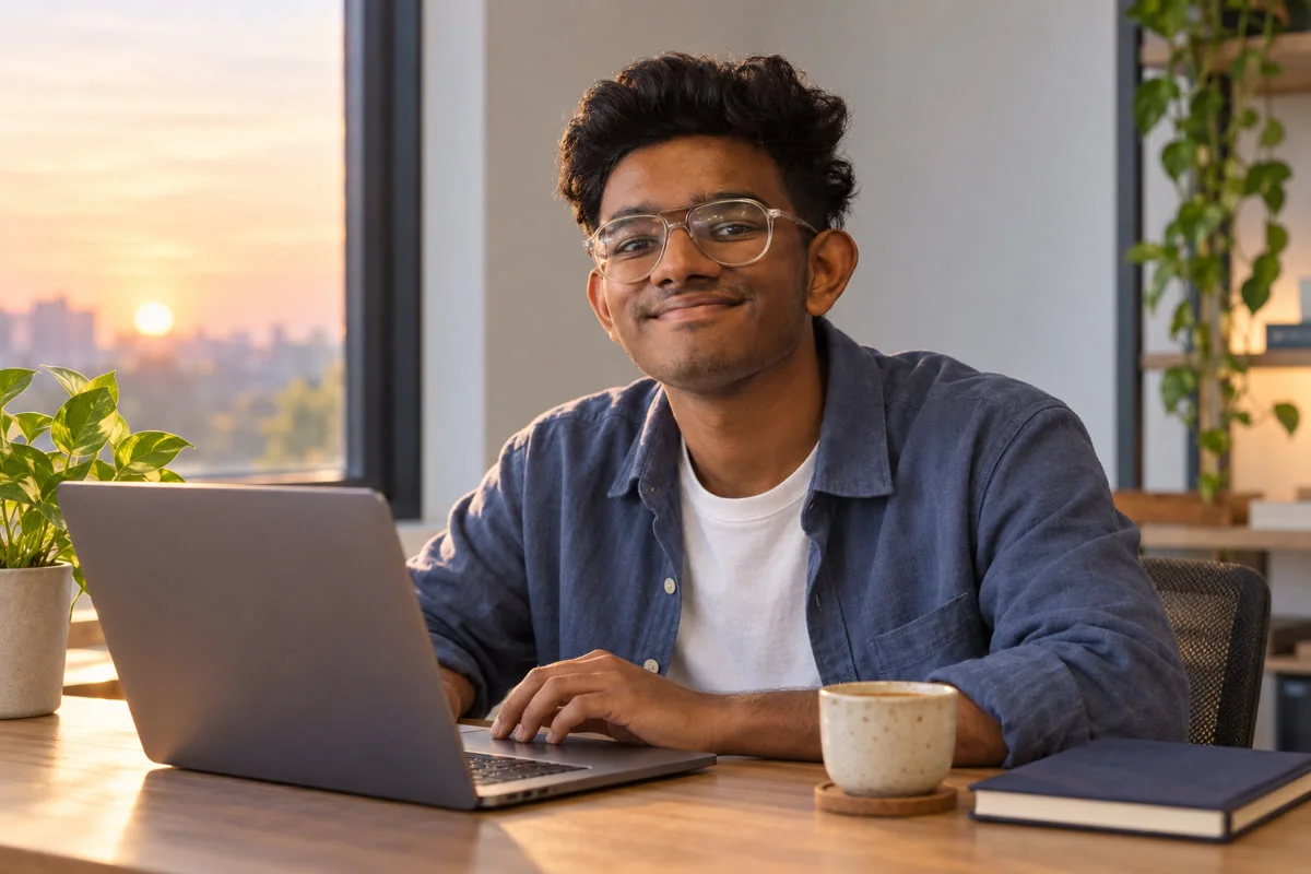 Amal at his desk by a window, working on a laptop