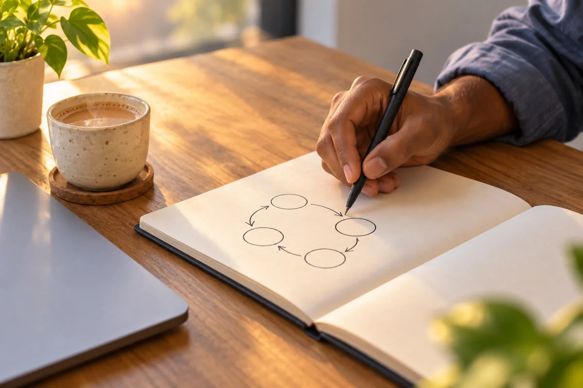 A hand sketching a simple workflow of circles and arrows in a notebook